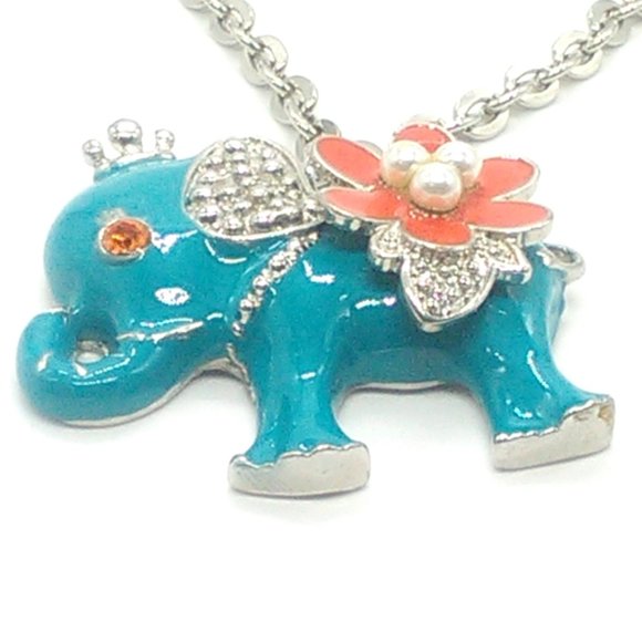 Metal Enameled Elephant Necklace Silver-tone Chain - Picture 3 of 4